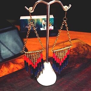 Handmade Seed Seed Bead Danglers in Red Gold Black